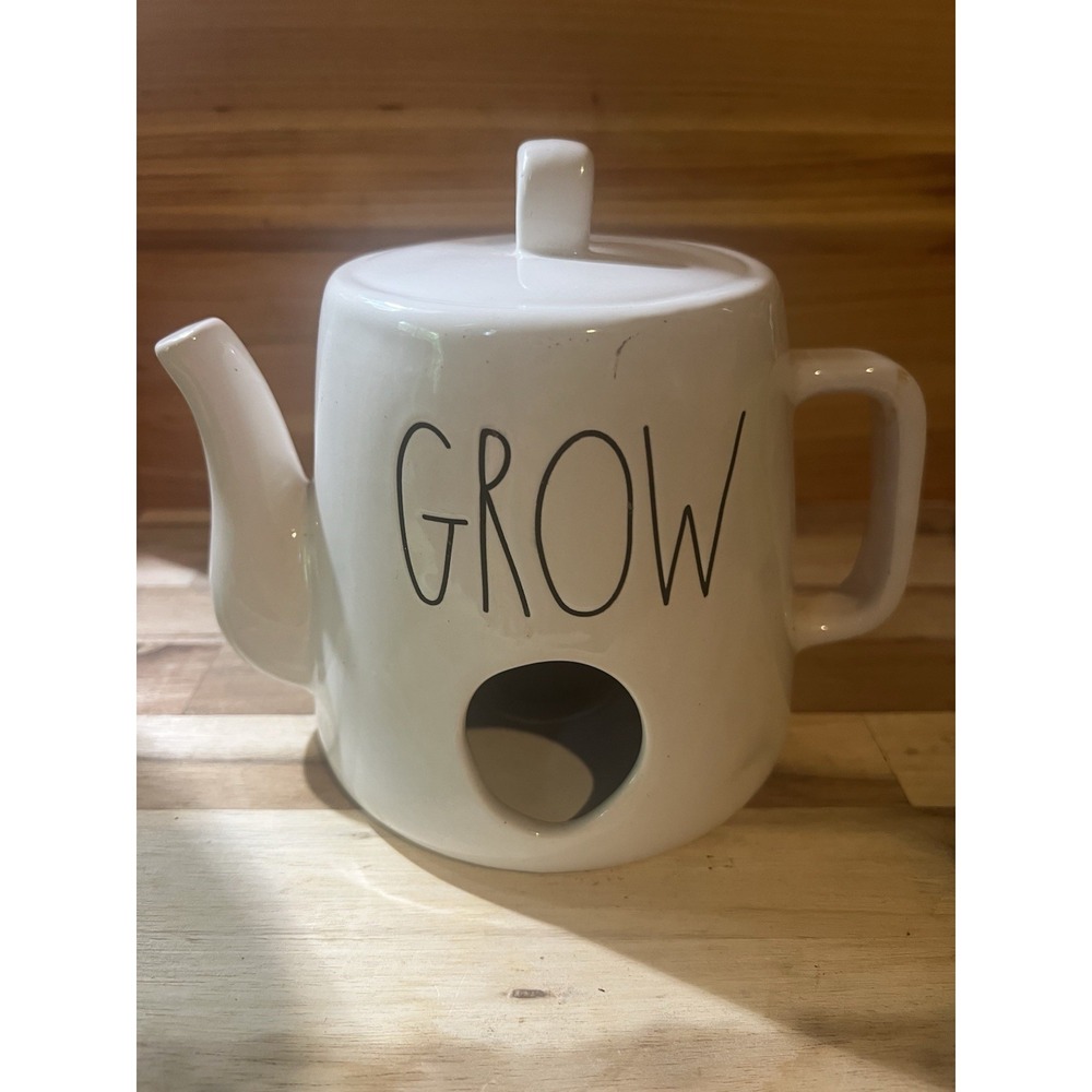 Rae Dunn Glossy Ceramic Tea Pot birdhouse & Handle, White/Black "GROW"